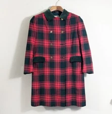 Red And Green Plaid Wool Coat Vintage Strawbridge & Clothier Small England