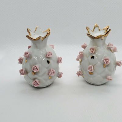 Vintage Salt & Pepper Shakers Pineapple With Raised Pink Roses
