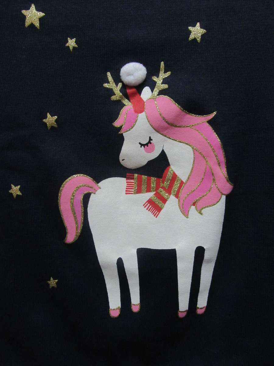 PULL POUR FILLES H M col equipage licorne graphique bleu marine taille 6 8y