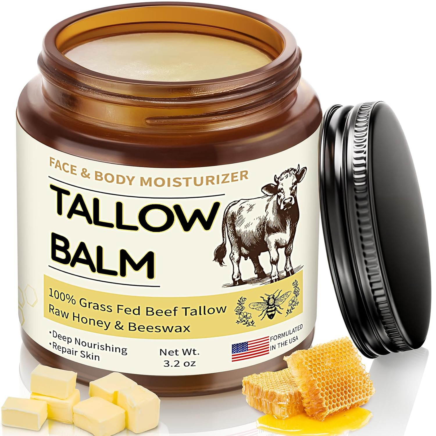 Beef Tallow for Skin, Organic Whipped Tallow and Honey Balm, Grass Fed Beef Tall