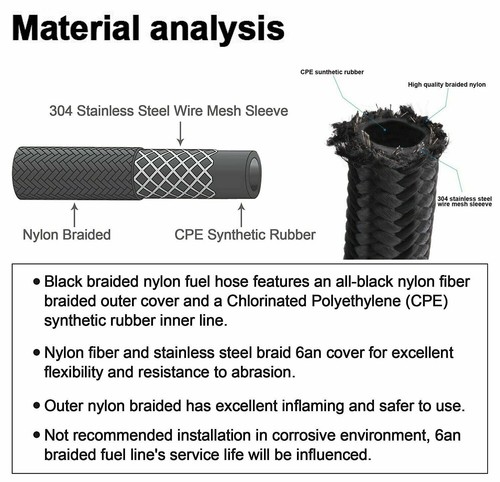 LokoCar Fuel line Hose 10AN Braided Nylon Stainless Steel Oil Gas CPE 10ft Black - Afbeelding 5 van 11