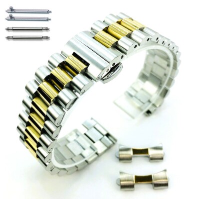 President Style Two Tone Quick Release & Curved End Steel Metal Watch Band 7055