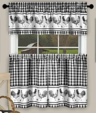 3 pc Kitchen Printed Curtains Set, 58x14 & 58x36, ROOSTERS BARNYARD,BLACK, Achim