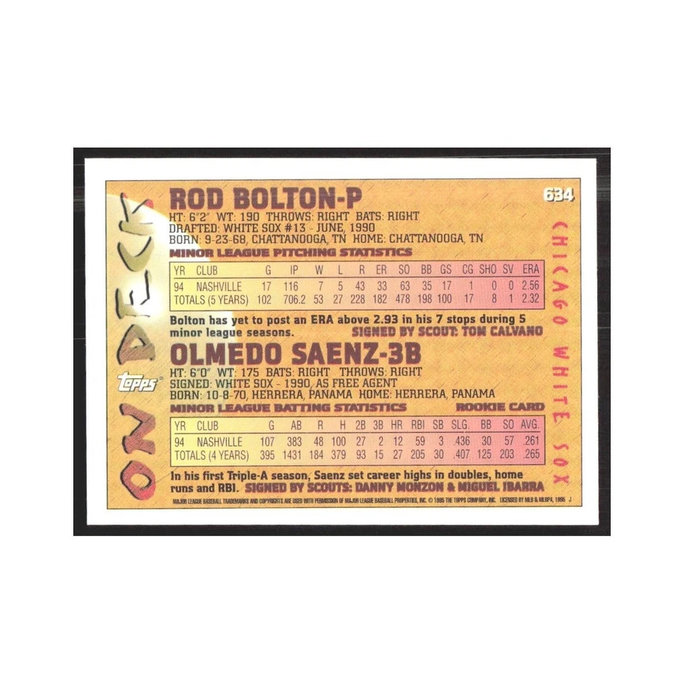 1995 Topps Rod Bolton/Olmedo Saenz White Sox #634 - Image 2 of 3