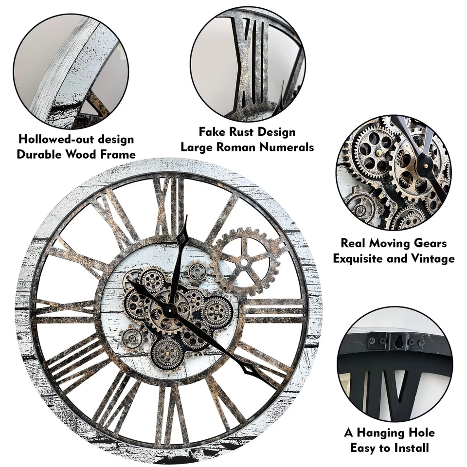 Reloj de pared estilo B grande engranajes móviles reales 30 pulgadas rústico retro industria... Foto 4 de 4