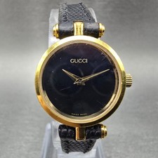 Gucci 2000L Watch Women 22mm Black Dial Gold Plated Round New Battery VTG NER