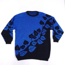 VTG 80s Sweater Metallic Leaf Print Blue Black Lurex Knit Made in USA Grandma