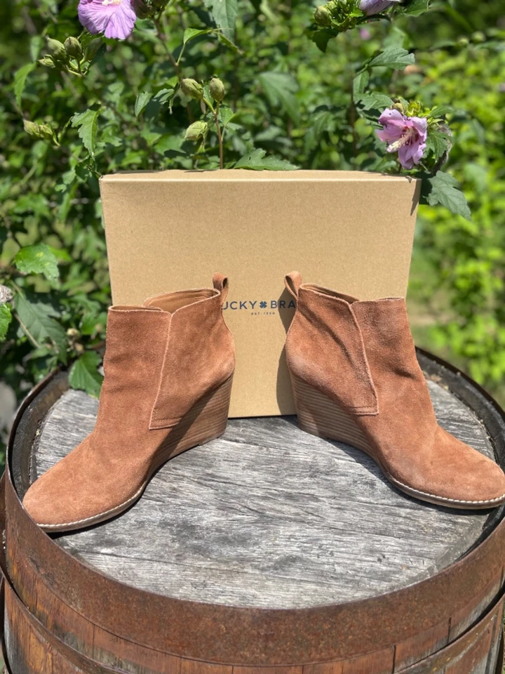 Lucky Brand Suede Wedge Ankle Booties LK- YONIANA Cognac Color Chipmunk US 8 - Image 3 of 4
