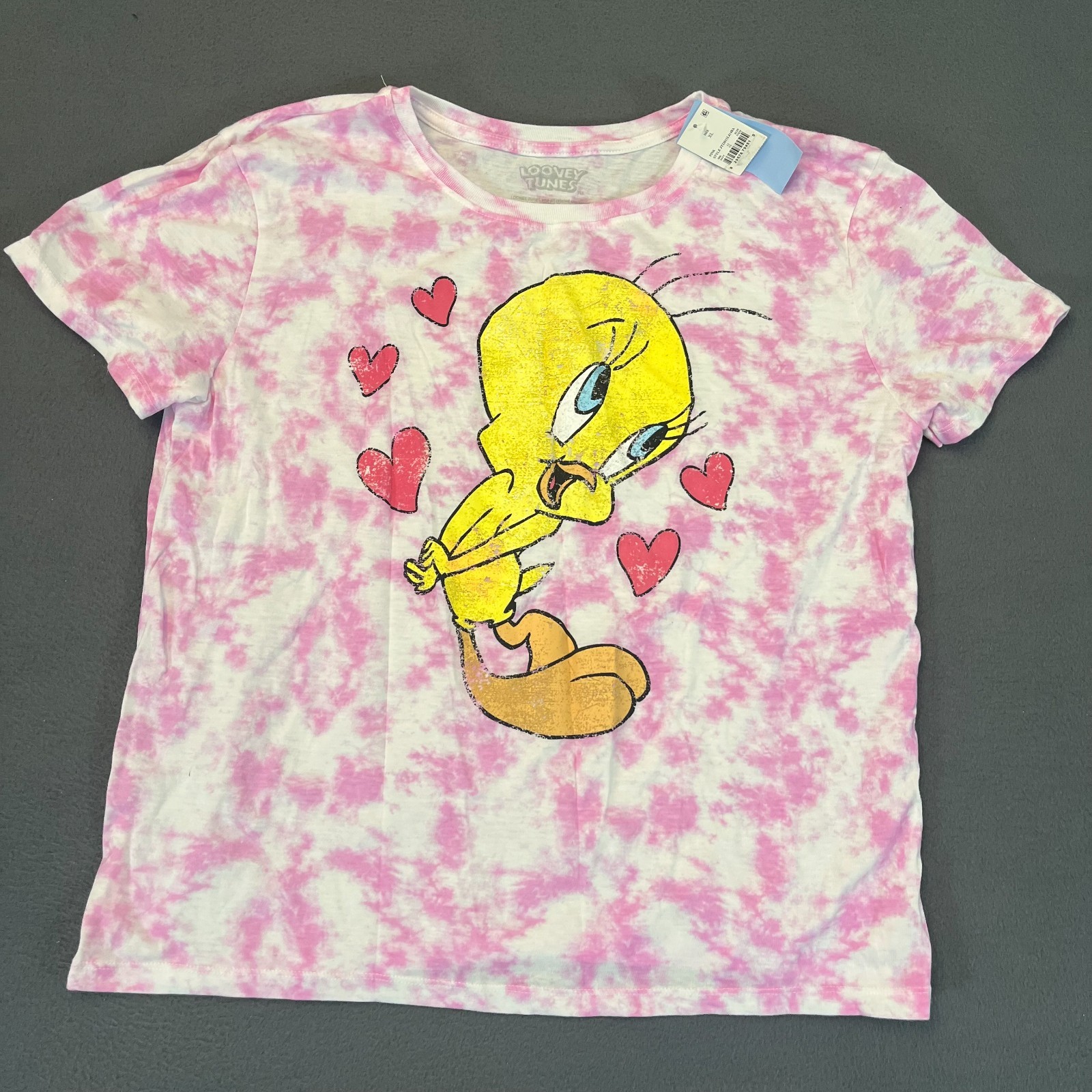 Looney Tunes Tweety Bird T Shirt Womens XL Pink Tie Dye Hearts Love Y2K VTG NWT