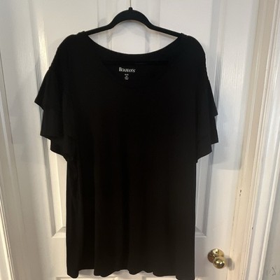 Roaman s Women s Plus 2X Black Solid Scoop Neck Short Flutter Sleeve Top