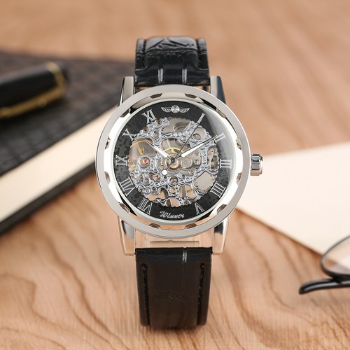 Orologio Uomo Winner Cinturino Pelle Manuale Meccanico Trasparente Orologio Da Polso Regali - Foto 8 di 9