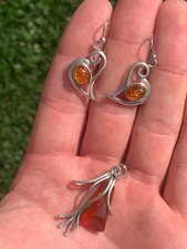 Srebrny bursztyn Wisiorek i kolczyki, Sztuka i rzemiosło Design 925 8,9g