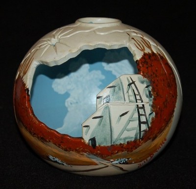VINTAGE Bill Drake Southwestern Pottery  3D Sphere Scene Hand Painted Signed