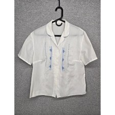 Vintage Handmade Embroidered Blouse White/Blue Short Sleeve Camp Collar Sheer