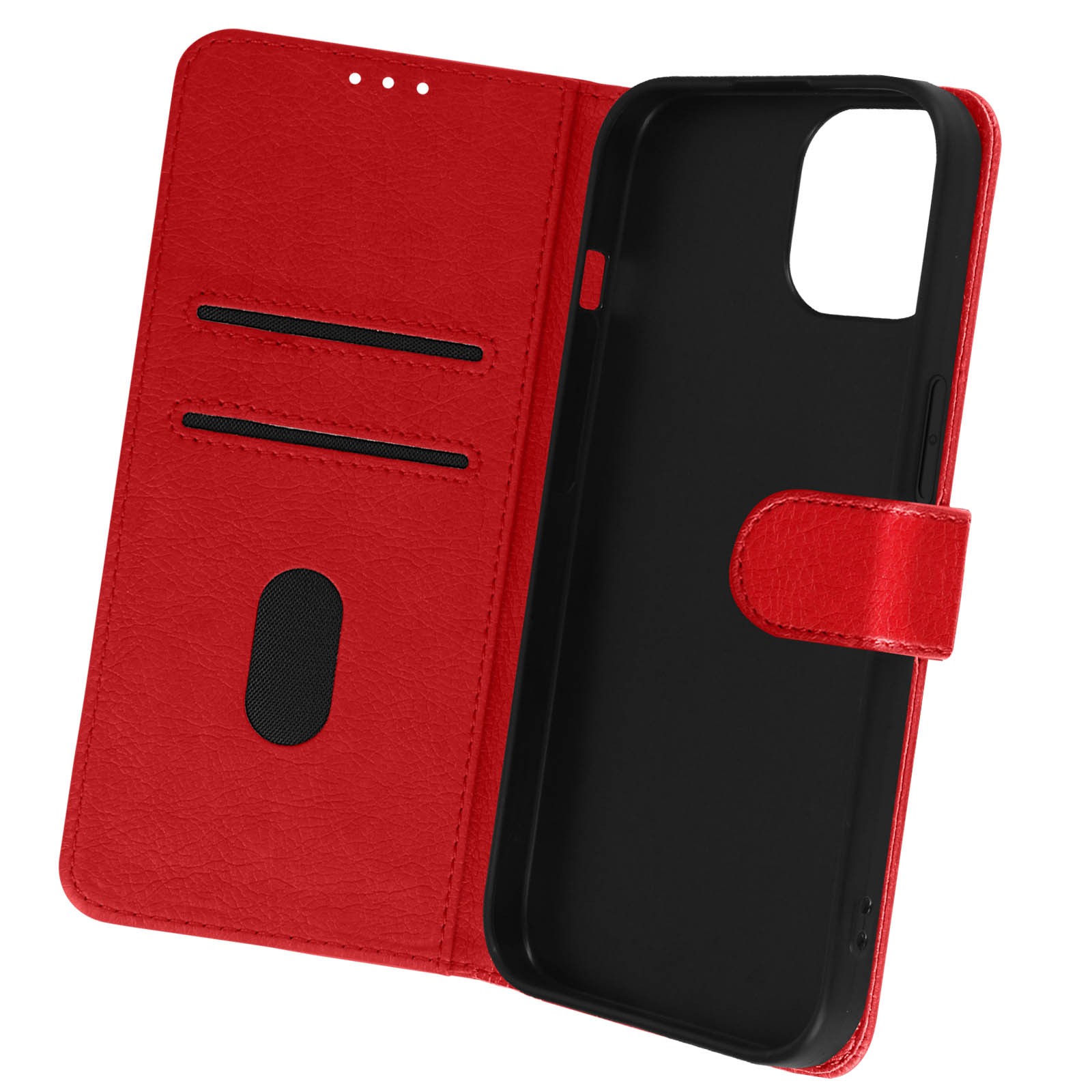 Étui antichoc iPhone 15 rouge en cuir synthétique avec support pliable