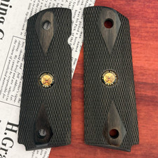 1911 Checkered Ebony Wood Grips Gold Navy Medal Full Size Fits Colt Kimber Govt