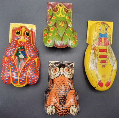 Vintage Tin Litho Party Clickers Frogs Owl Cricket Noisemakers
