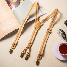 Yellow Striped 25mm Braces Suspenders 4 Clips Y-shape Nylon Leather Heavy Duty