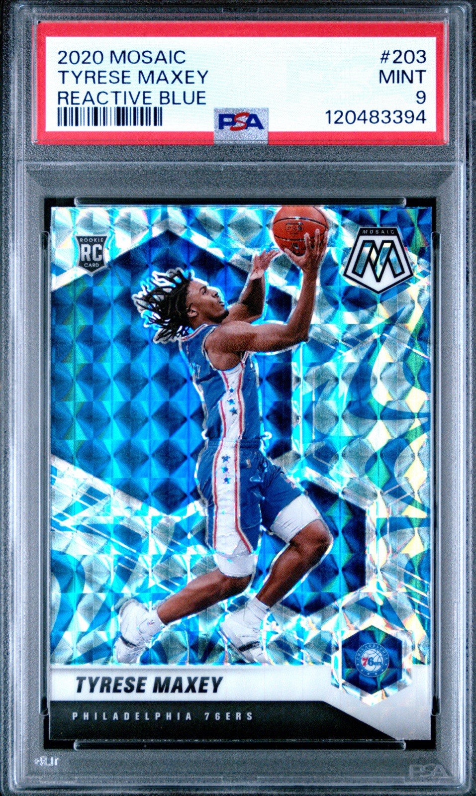 2020-21 Panini Mosaic Tyrese Maxey Blue Reactive Rookie #203 RC PSA 9 Mint