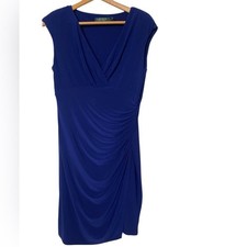 Lauren Ralph Lauren Dress Womens 12 Sheath Royal Blue Ruched V-Neck EUC
