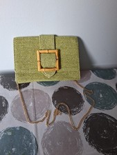 Ladies Lime Green Straw Effect Clutch Bag With Gold Chain Shoulder Strap