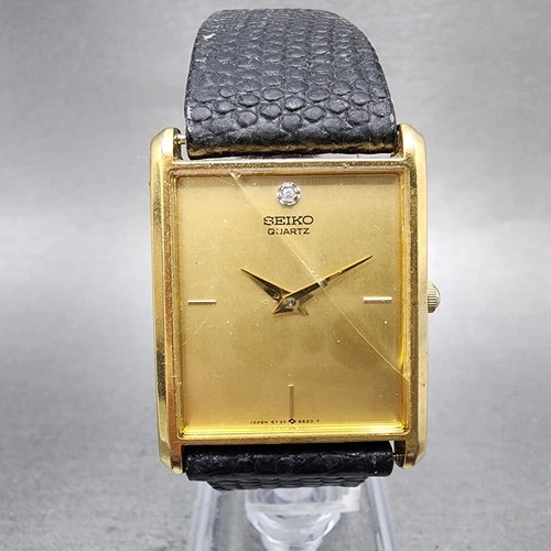 Seiko Tank Watch Men 25mm Champagne Dial Gold Tone Rectangle 5y30-5069 New Batt
