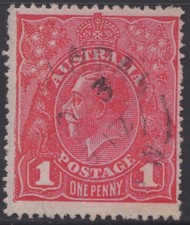 Australia KGV 1d red SW rough paper, VI/55 “white flaw in right frame”, used