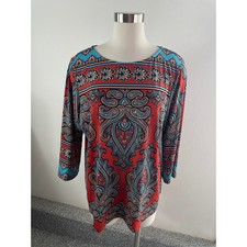Bob Mackie Wearable Art Women Large Paisley Print Knit Top 3/4 Sleeve Shirt