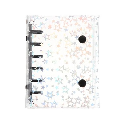 A7 Binder Cover, 6 Ring Glitter Stars Pattern Soft PVC Loose Leaf, Black Clip