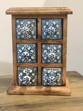 Hand Painted Ceramic 6 Drawer Chest Mango Wood Storage Cabinet Boho Rustic