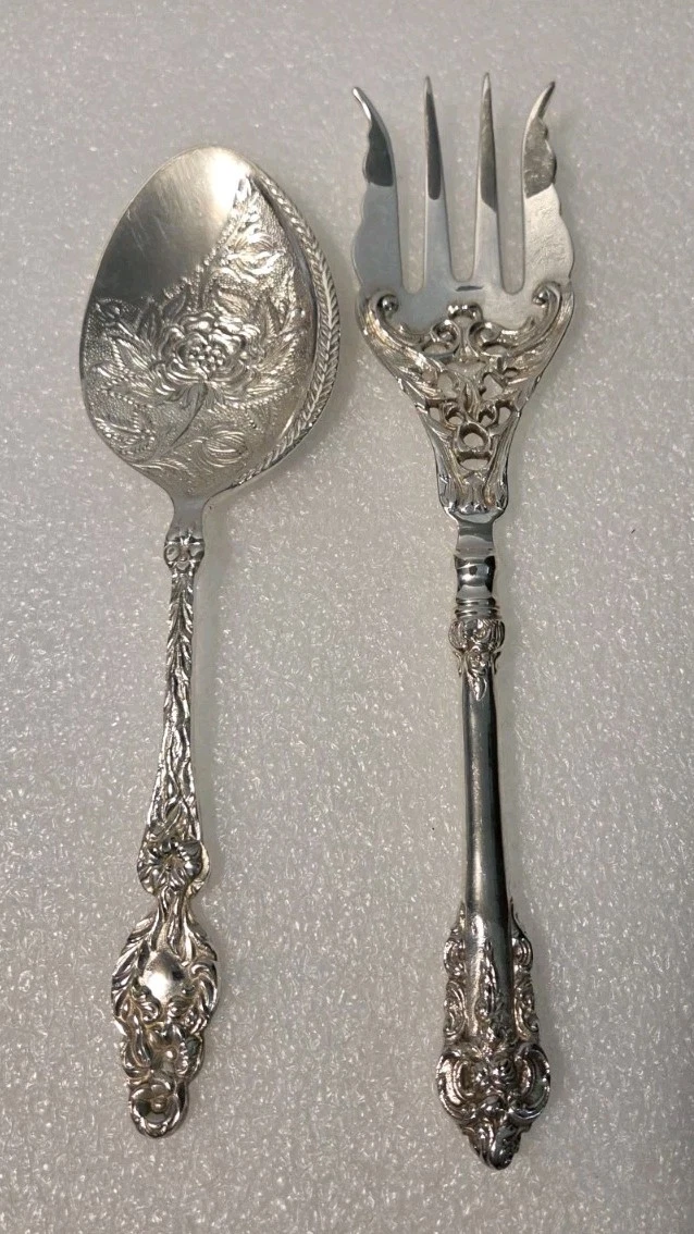 2 Vintage Ornate Silverplate William Rogers Mixed Serving Utensils Spoon Fork