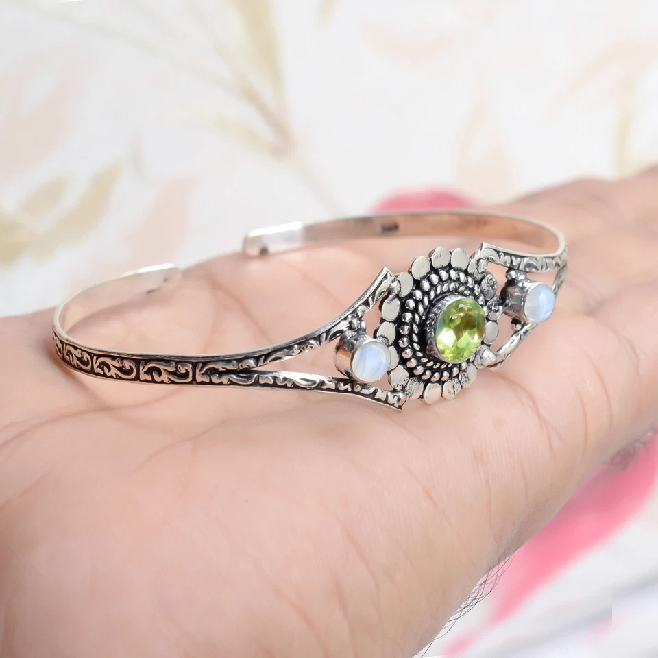 Faceted Peridot & Moonstone Gemstone 925 Sterling Silver Bangle Girl's Love - Image 4 of 4