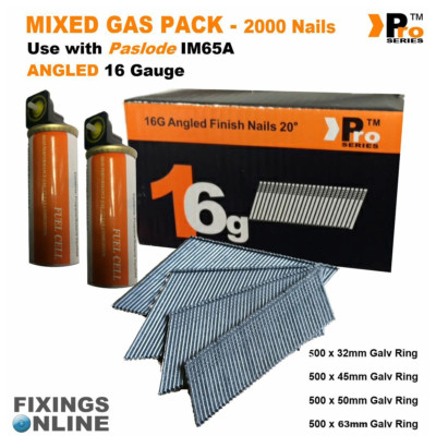 GEMISCHTE PACKUNG 2000 x 16 Stärke Brad/Nägel + 2 Brennstoffzellen für Paslode IM65A 