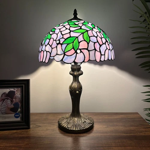 Tiffany Style Table Lamp Purple Stained Glass Green Leave LED Bulb Included 19"H