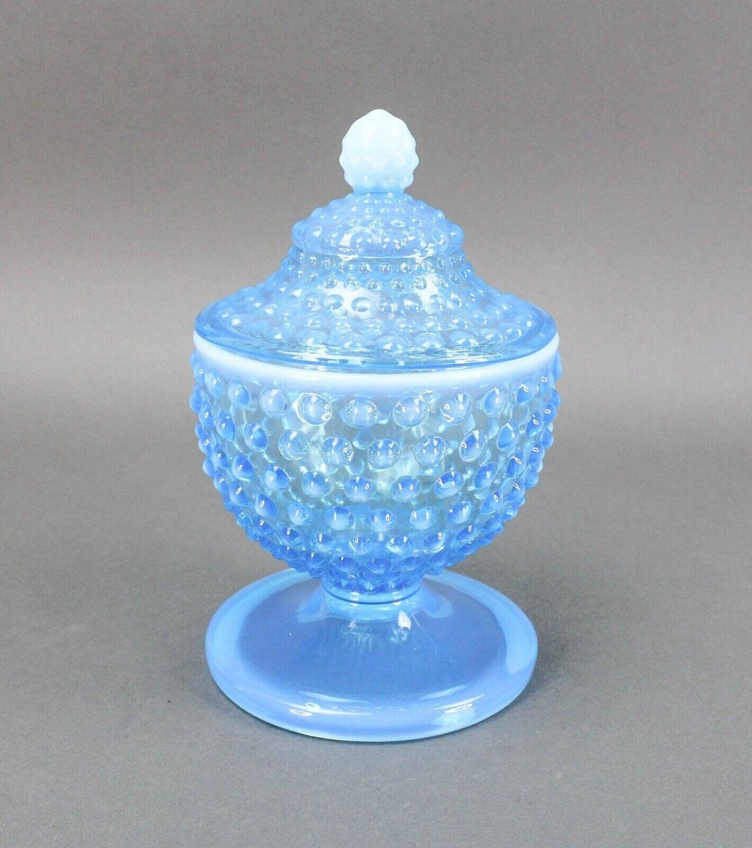 Fenton Blue Opalescent Hobnail Footed Covered Candy Dish Jar