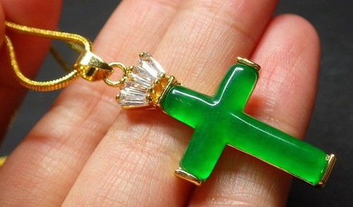 Genuine Ice Green Jade Cubic Zirconia Jesus Cross 18KGP Pendant Chain Necklace - Picture 3 of 5
