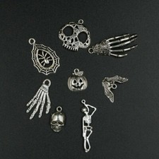 10 Halloween Charms Antique Silver Tone Bat Pendants Findings Skull Witch Mix