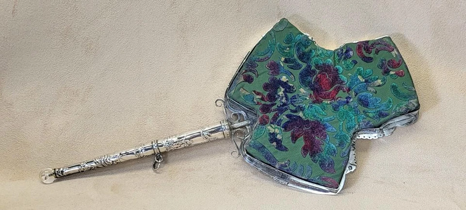 Espejo de mano holandés Premier 1900 plateado placa biselada seda belga floral damasco Foto 2 de 4