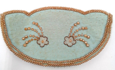 Beaded Purse Handbag Gold Bead Blue Ivory Floral Pattern Satin Lined Zip Japan