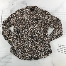 J. Crew Button Down Shirt Womens Small Brown Black Leopard Print Slim FIt Linen