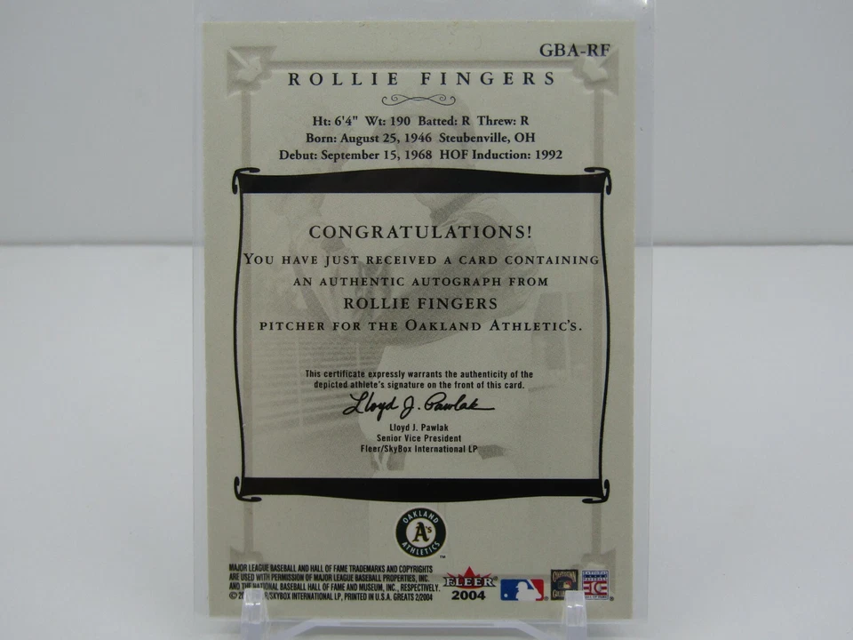 ROLLIE FINGERS 2004 FLEER GREATS AUTOGRAPH AUTO- ATHLETICS!! - Image 2 of 2
