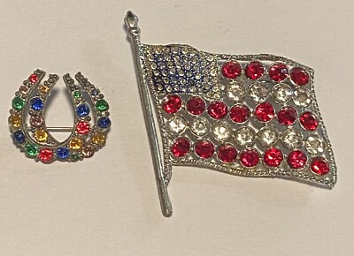 2 Broaches, Double Horseshoe Marked L/N On Back And American Flag