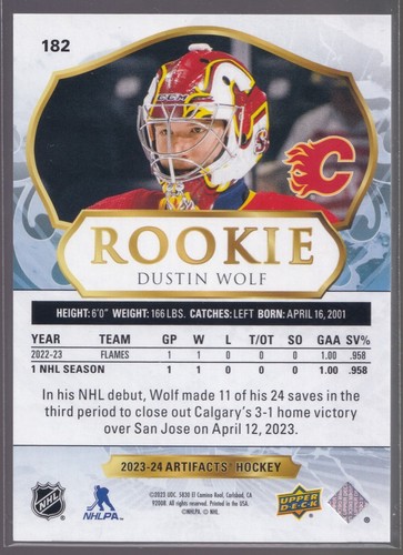 2023-24 Hockey Upper Deck Artifacts Rookie Royal Blue #182 Dustin Wolf 130/199 - Picture 2 of 3