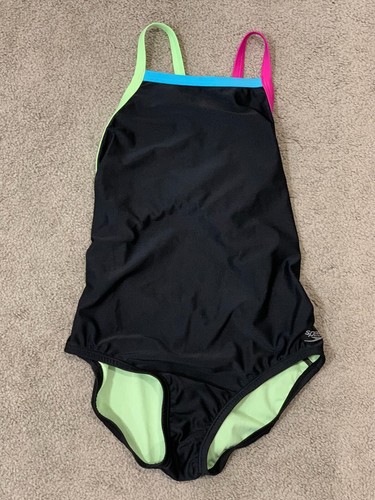 Speedo Girl's Paradise Green Good Vibes Swimsuit Size 14 Black Color Block NWT - Picture 1 of 17