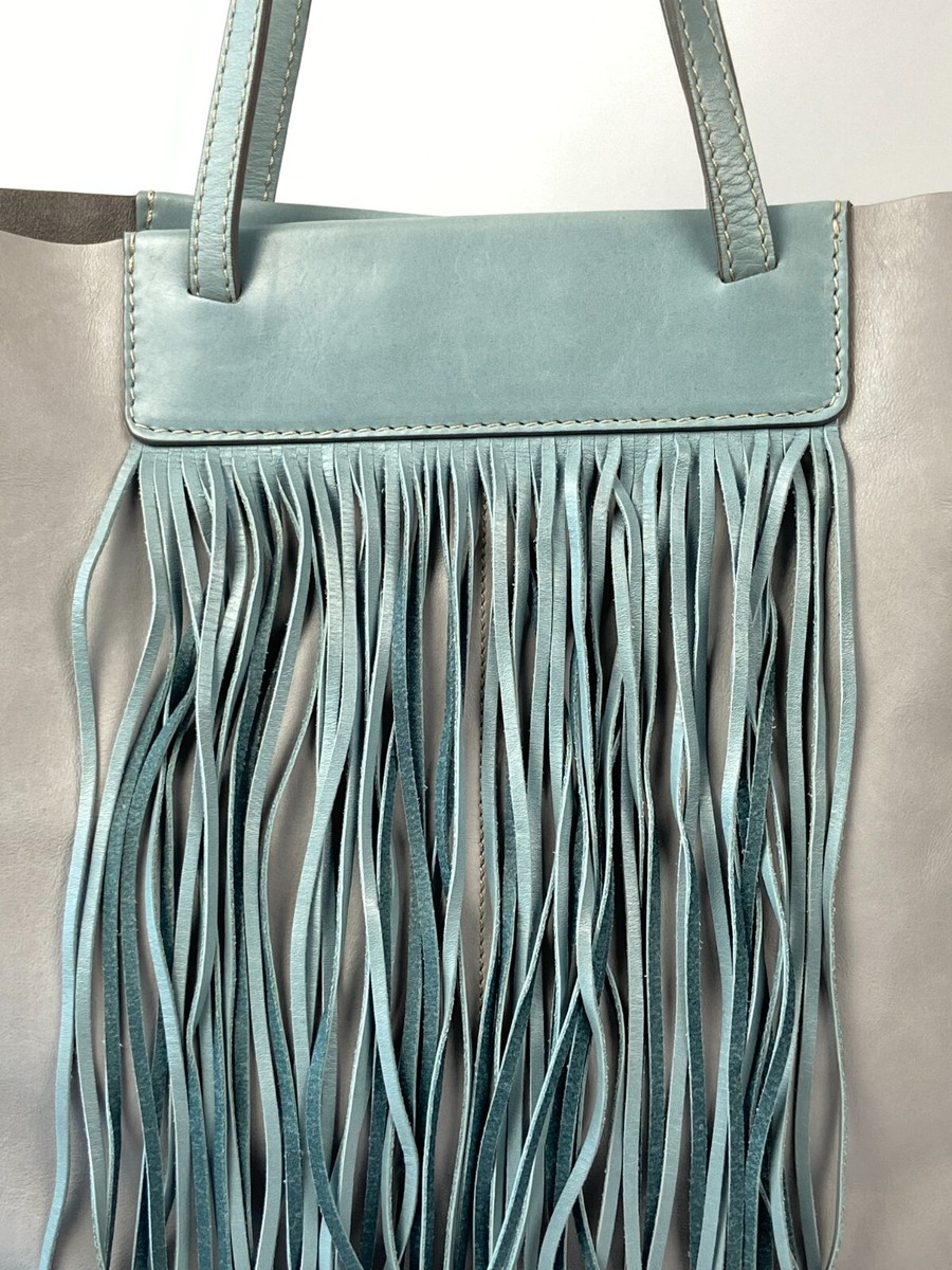 TOD'S Gray/Light Blue Leather Fringe Large Tote Bag | eBay