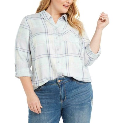 Style & Co Women's Plaid Button Down Roll-Tab Long Sleeve Top Plus Size 0X