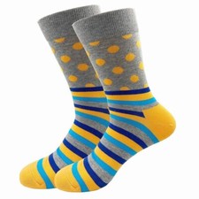 Fashion Crew Socks Gray w/ Yellow  Blue Stripes and Dots Size 5-11 One Pair