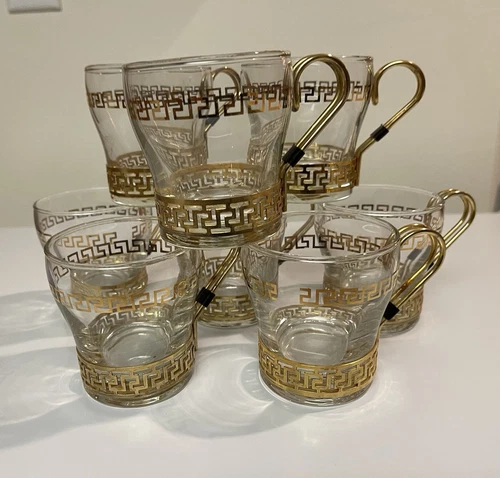 Libbey Gold Glass Greek Key Coffee Cups Metal Handles - Lot 7