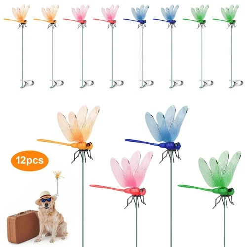 12PCS Fake Dragonfly Rod Clips 3D Outdoor Garden Decor Bug Repellent Waterproof