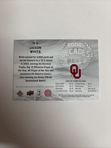 2011 UD CFB Legends Jason White handsignierte Karte Oklahoma Sooner Heisman A-800 - Bild 2 von 2
